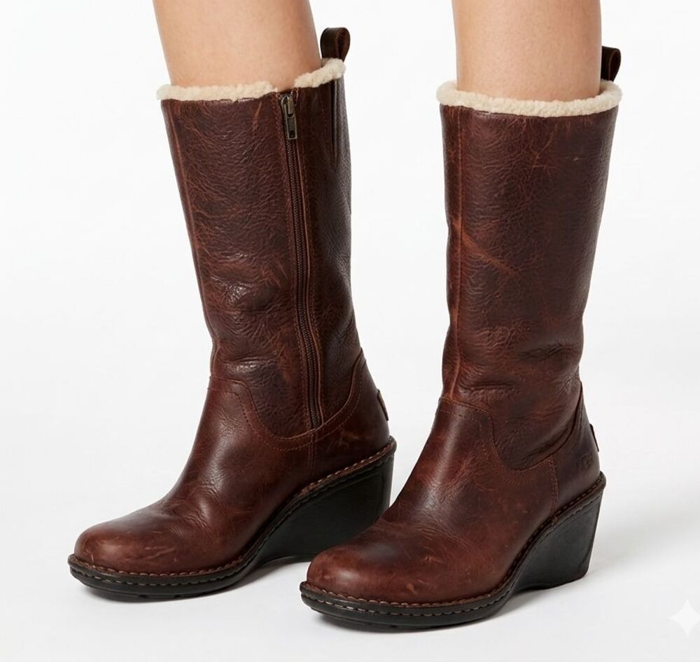 UGG Hartley Wedge Boots Women’s Size 8 Brown Leather Shearling Lined Side Zip